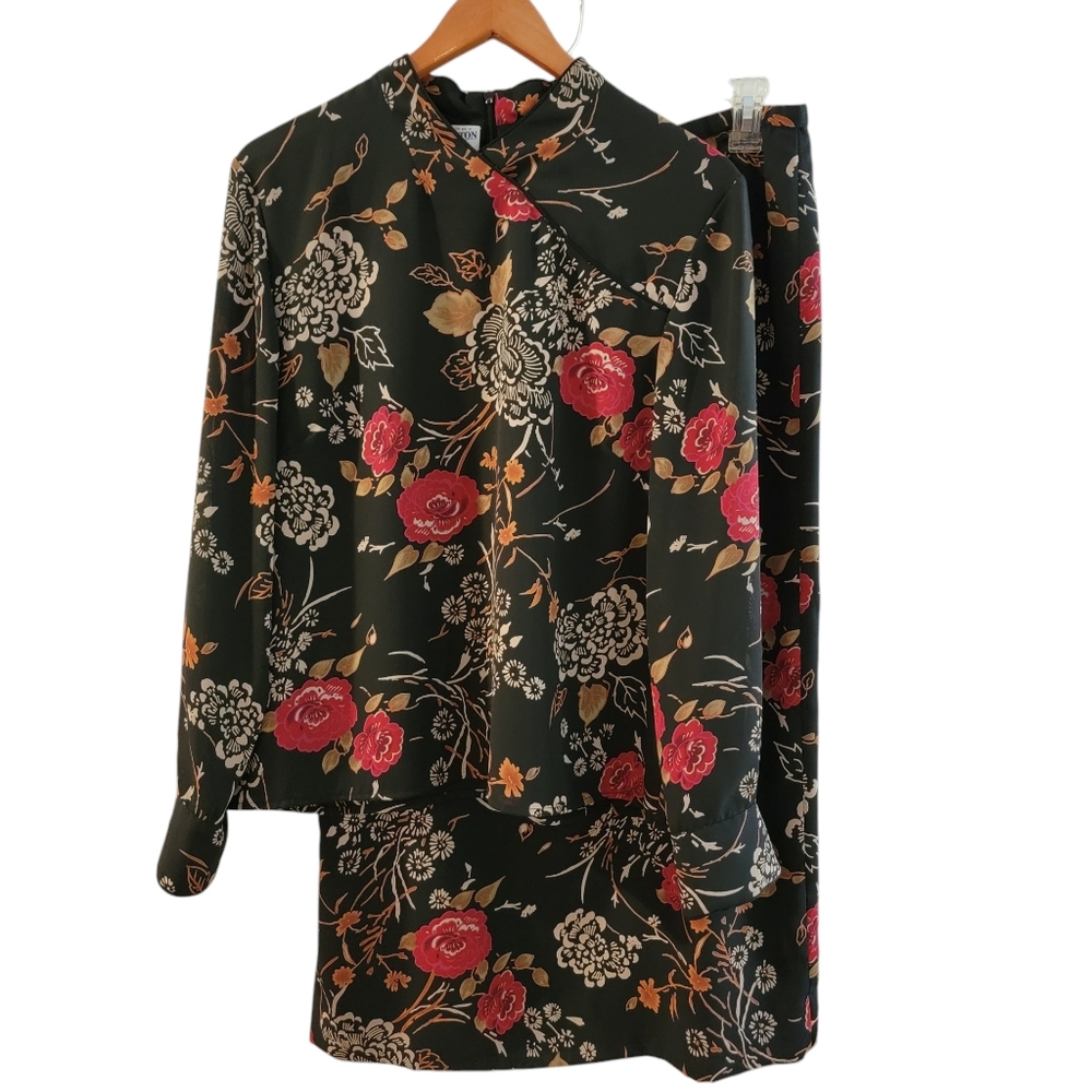 Pendleton Floral Black Two Piece Skirt L and Blouse XL‎ Set